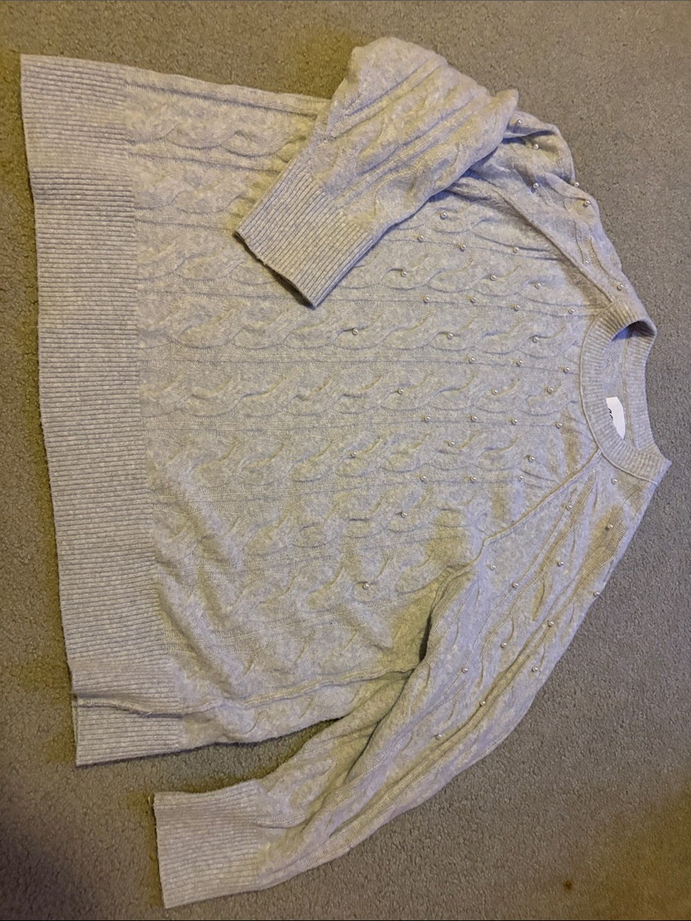 aerie Light Gray Cable Knit Crewneck Sweater with Beaded Detail